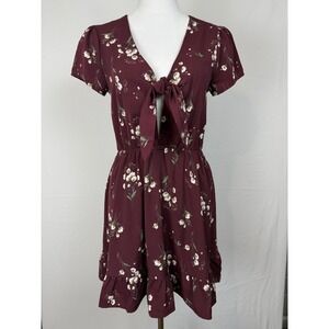 CAGE Floral Mini Dress Women's front tie Small Burgundy Ruffle Hem Spring Flower